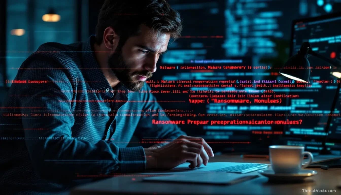 A corporate employee at a desk receiving a phishing message, overlaid with technical analysis showing malware code structure and ransomware preparation modules