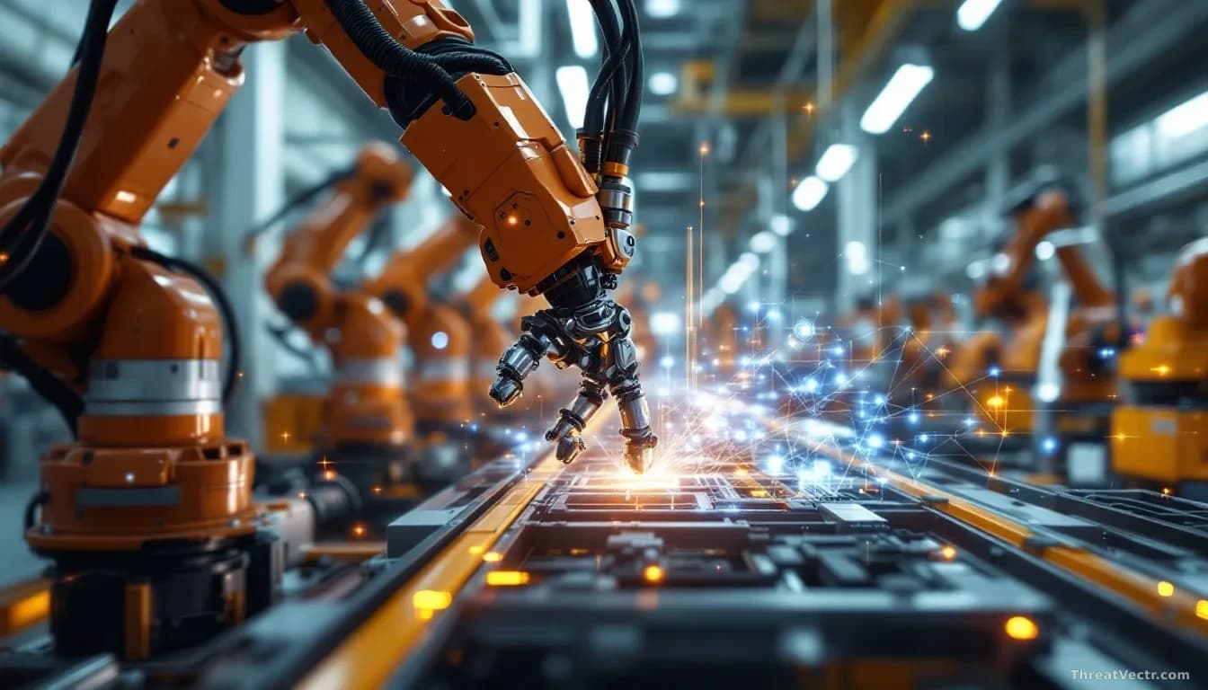 An industrial factory floor with robotic arms mid-operation, digital overlay showing timing protocol synchronization networks, one arm freezing mid-grip as a pr