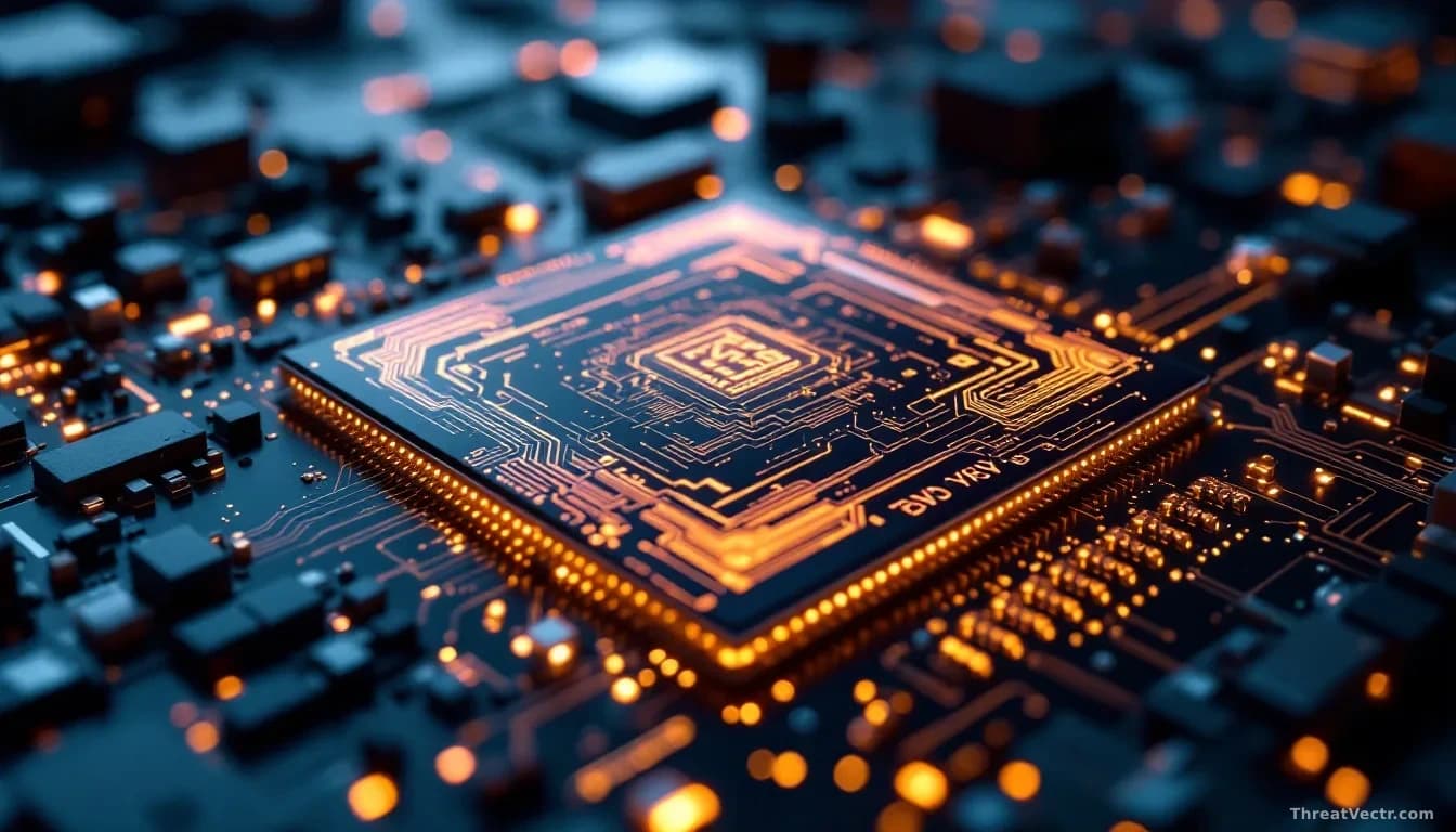 Computer chip manufacturing facility or close-up of silicon wafers with quantum encryption algorithm visualizations etched into the surfaces, representing next-