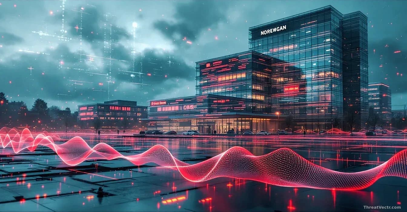 Norwegian government office buildings with network activity visualizations and DDoS attack wave patterns flooding across the scene, digital disruption evident i