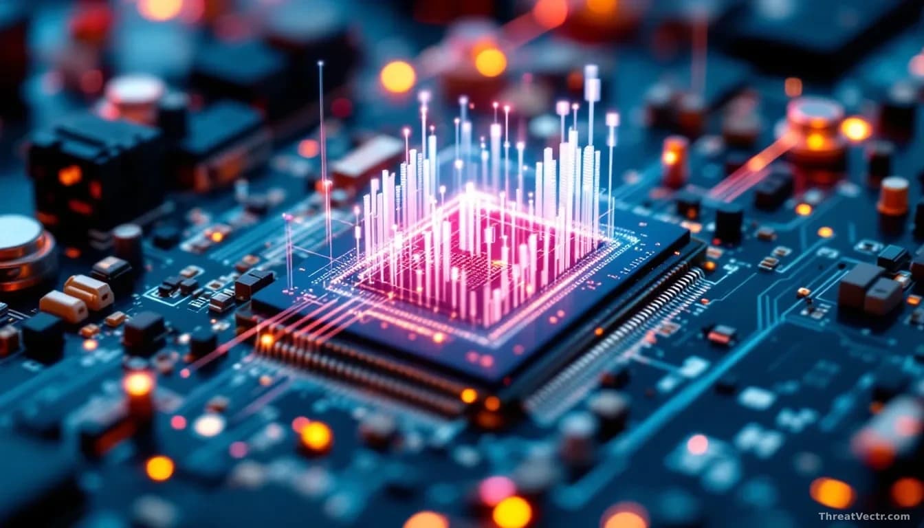 A circuit board closeup showing hardware security elements, with a transparent data trail visualization flowing across it, representing tamper-evident logging o