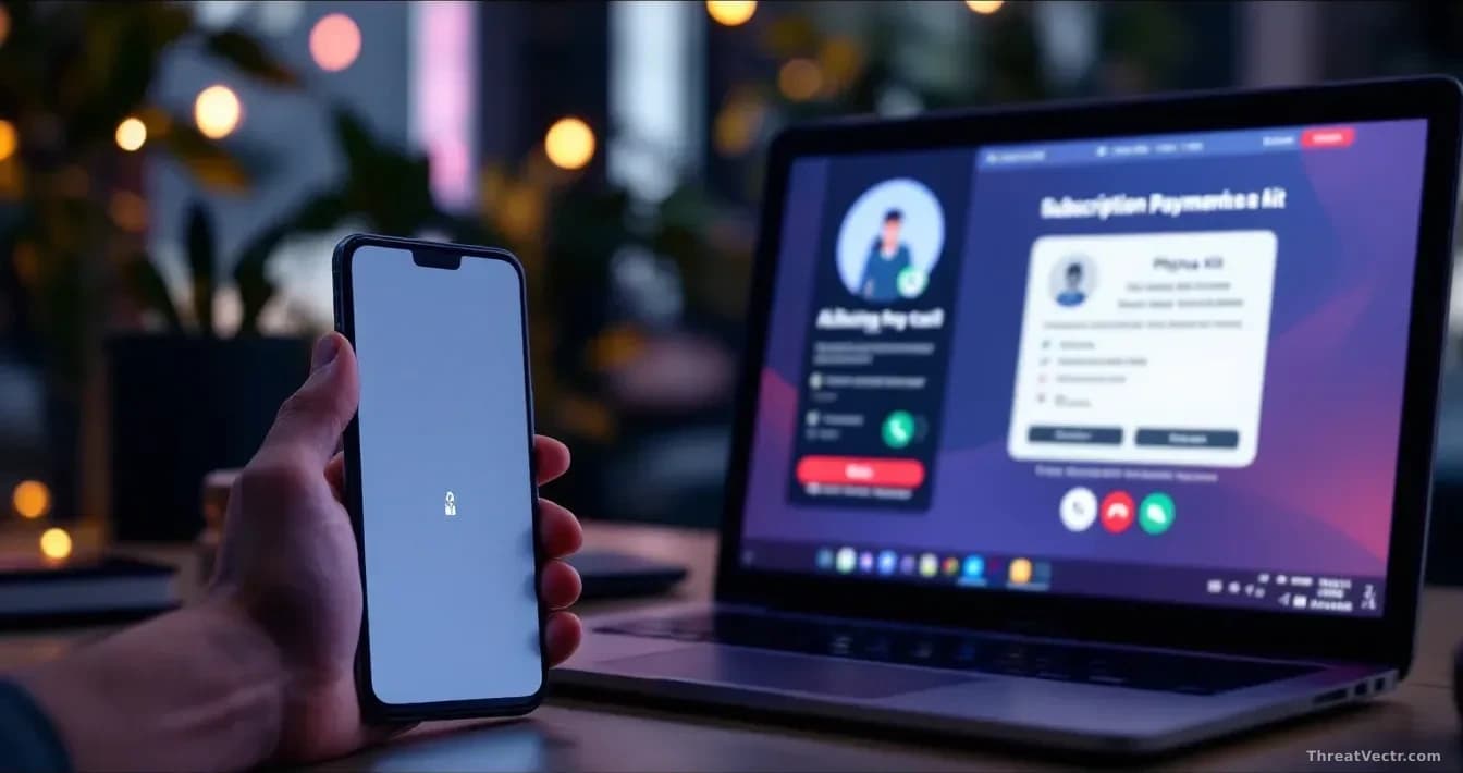A smartphone with a disabled lock screen, next to a computer showing a subscription payment interface for a phishing kit, with a voice call animation suggesting