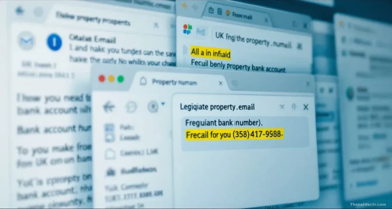 A series of email windows overlapping on screen showing legitimate property transaction correspondence, with one message subtly redirecting to a fraudulent bank