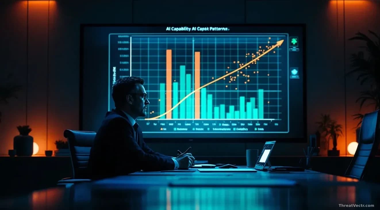 An office setting where a senior executive sits at a desk with a presentation screen behind showing attack patterns and AI capability curves, conveying serious