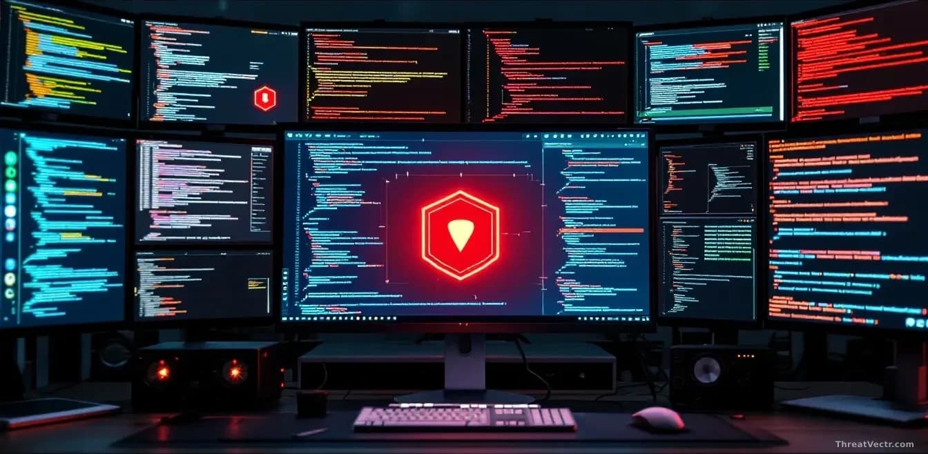A computer workstation surrounded by multiple monitors displaying code snippets, vulnerability alerts, and security patch notes, with a single red vulnerability