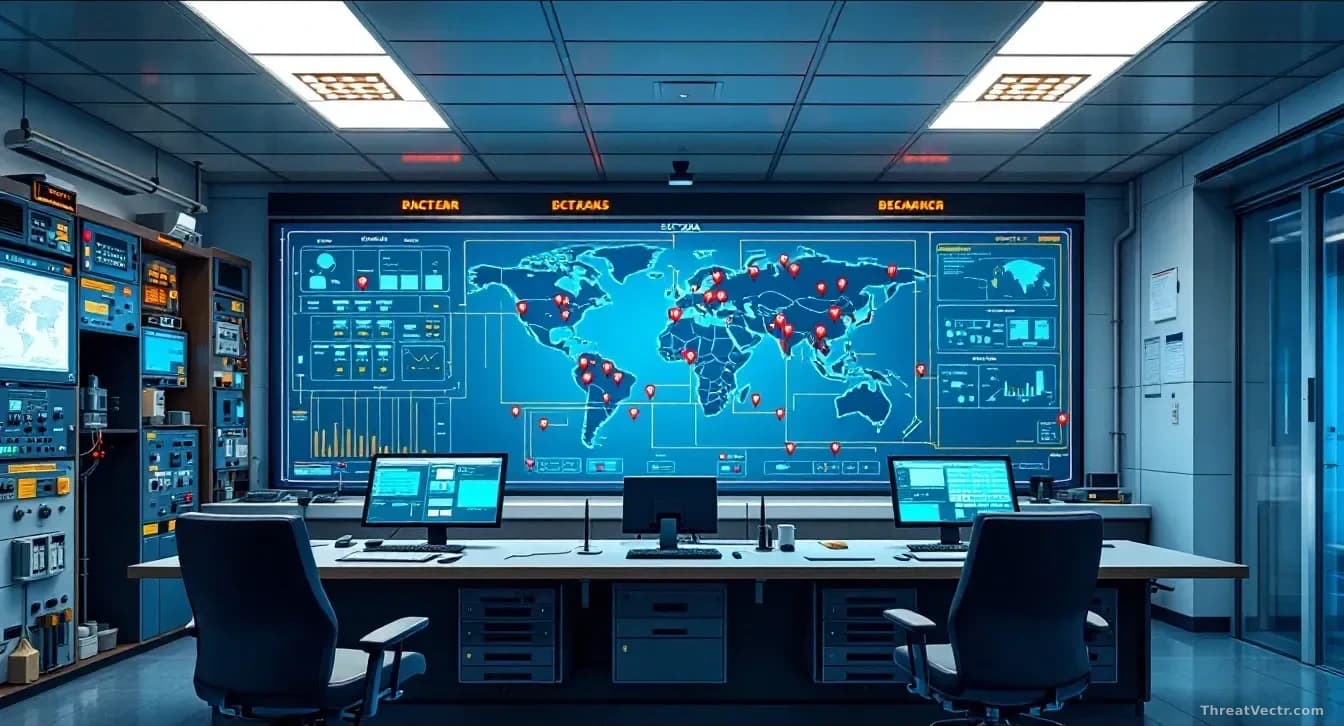 A water treatment facility control room with SCADA systems and network-connected monitoring equipment, many accessed through exposed modems visible on facility