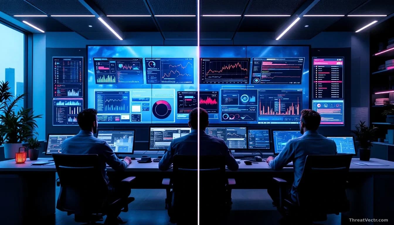 A security operations center with analysts seated at workstations drowning in alert notifications covering multiple screens, contrasted with an AI-powered alert