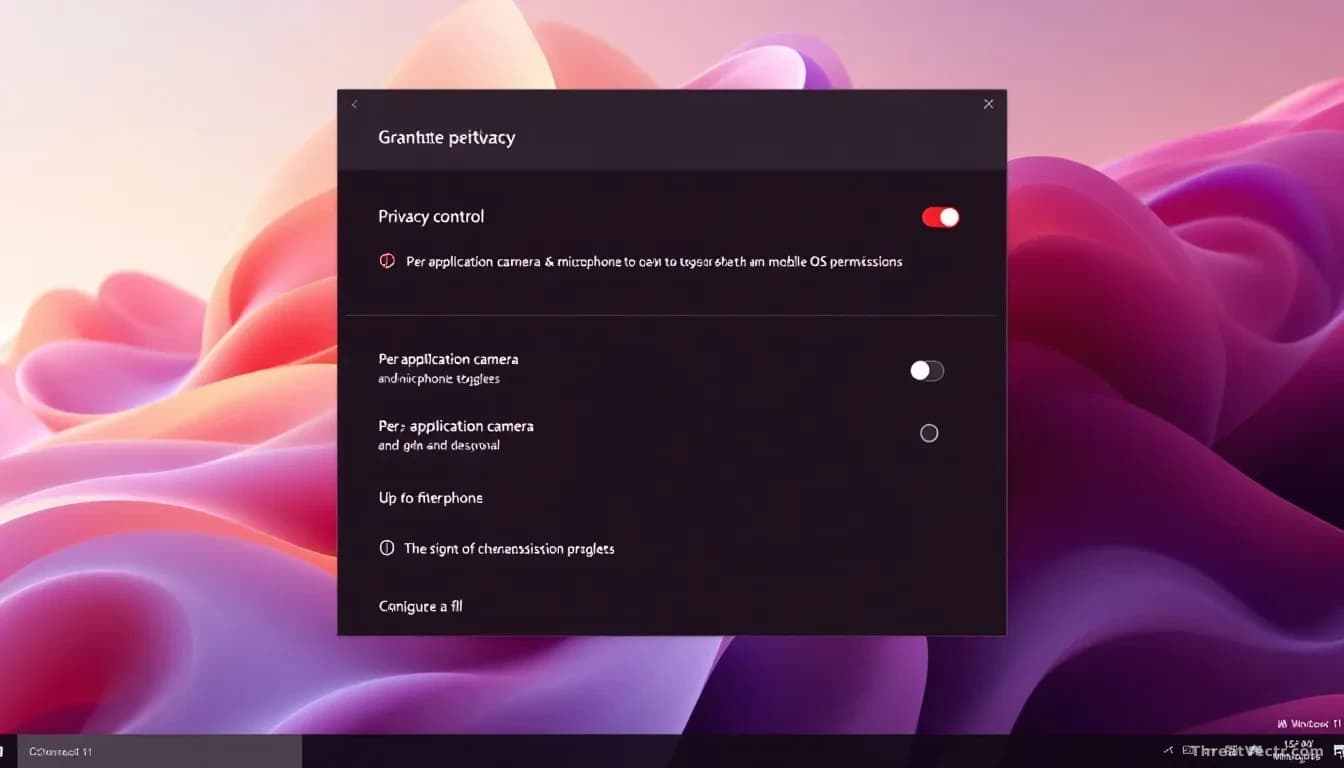 A Windows 11 system settings screen displaying a new granular privacy control panel, with per-application camera and microphone toggles being configured, resemb