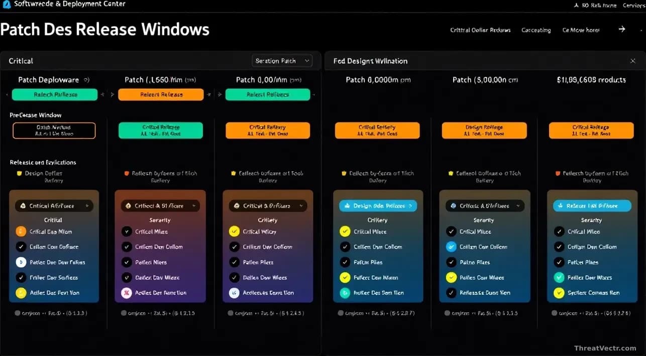 A software update deployment center showing patch release windows for design software and AI tools, with critical severity badges displayed across multiple prod