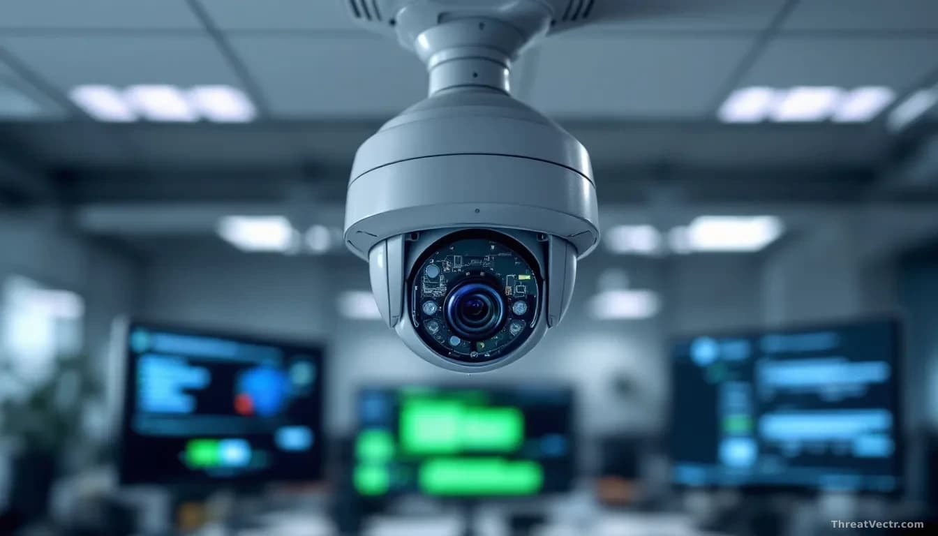A network security camera mounted on an office ceiling with open access panels revealing internal circuitry, alongside updated firmware being installed on displ