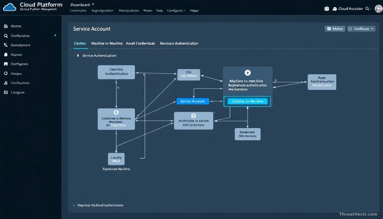 A cloud platform dashboard with service account management interface, showing a complex web of machine-to-machine authentications, credentials being deprecated,