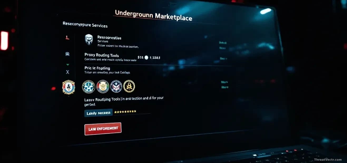 An underground marketplace interface displayed on a darkened screen, listing reconnaissance services and proxy routing tools with pricing tiers, with law enforc