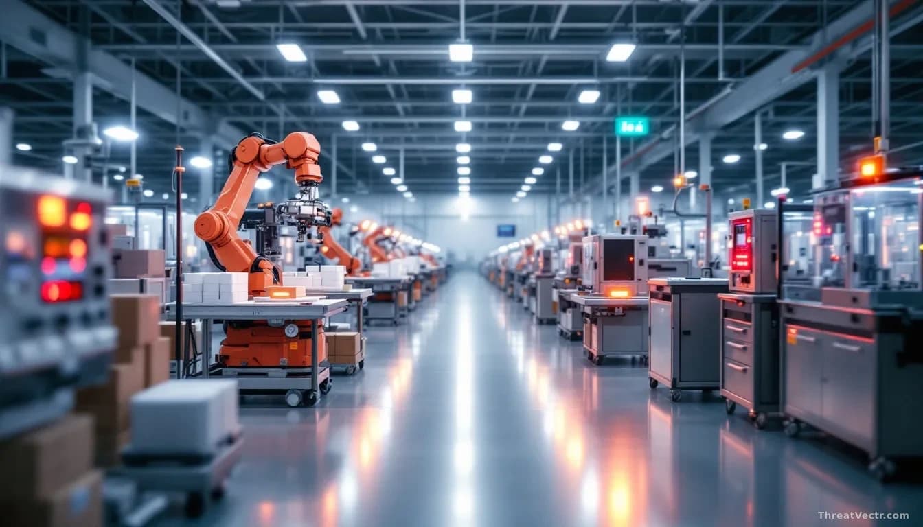 A medical device manufacturing floor with assembly lines and robotic systems at standstill, packing stations empty, and status indicator lights showing offline