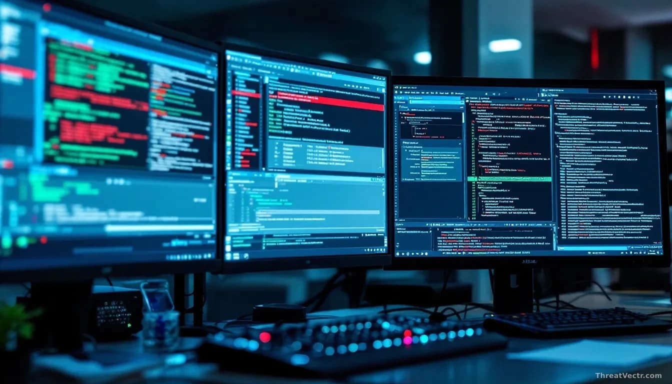 A research lab workspace with malware analysis software displayed across multiple monitors, showing binary code and detection signatures, with a small portion o