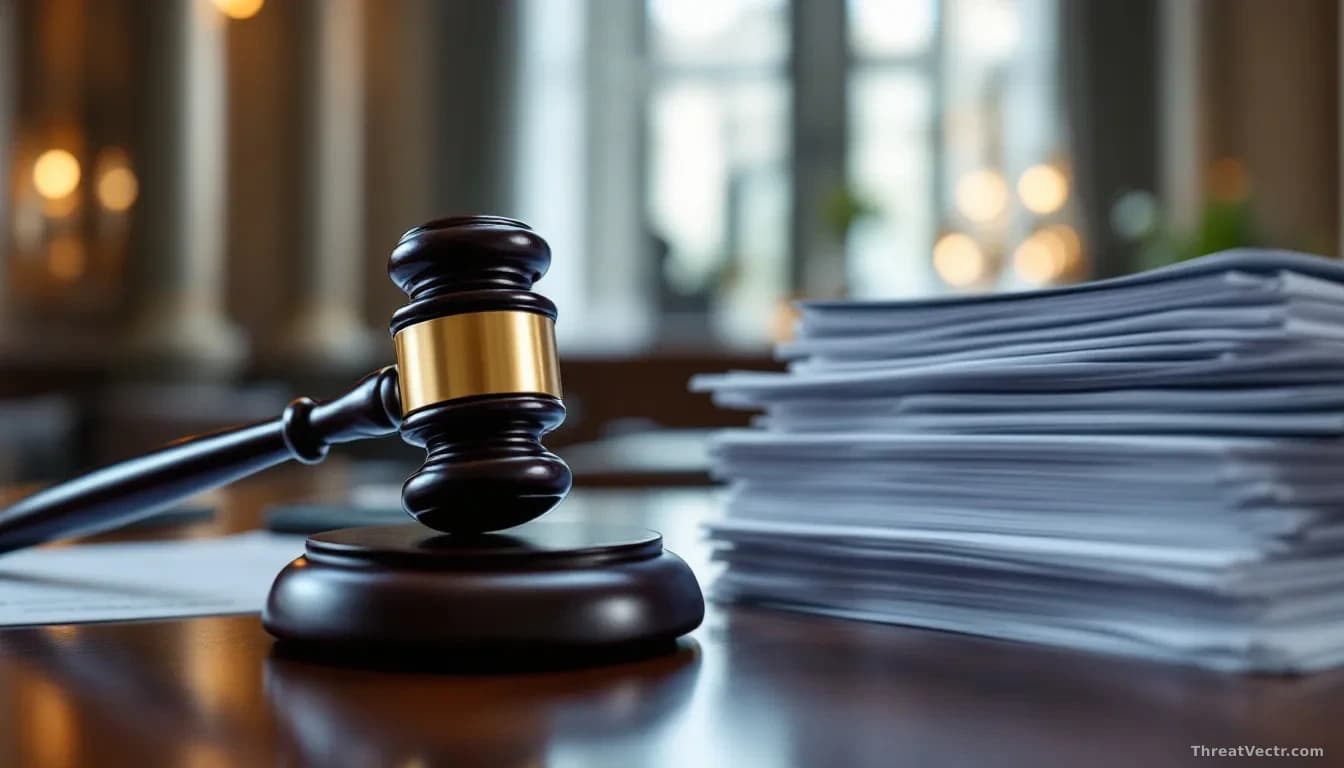 Stacks of legal documents and settlement agreements on a desk with a gavel, courthouse interior blurred in background, symbolizing multi-state litigation and re