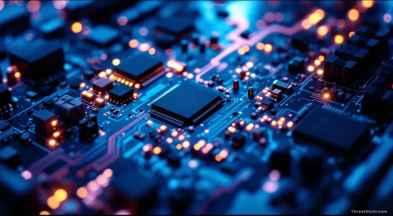 Close-up of a circuit board with memory modules and error-correction circuitry illuminated under cool blue light, showing intricate pathways and semiconductor c