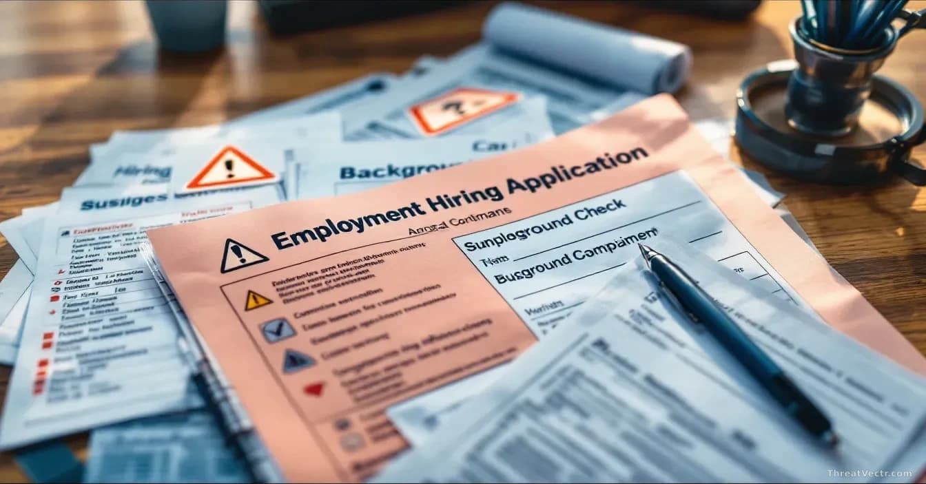 A corporate hiring office or HR workspace with employment applications and background check documents displayed, with suspicious red flags and warning indicator
