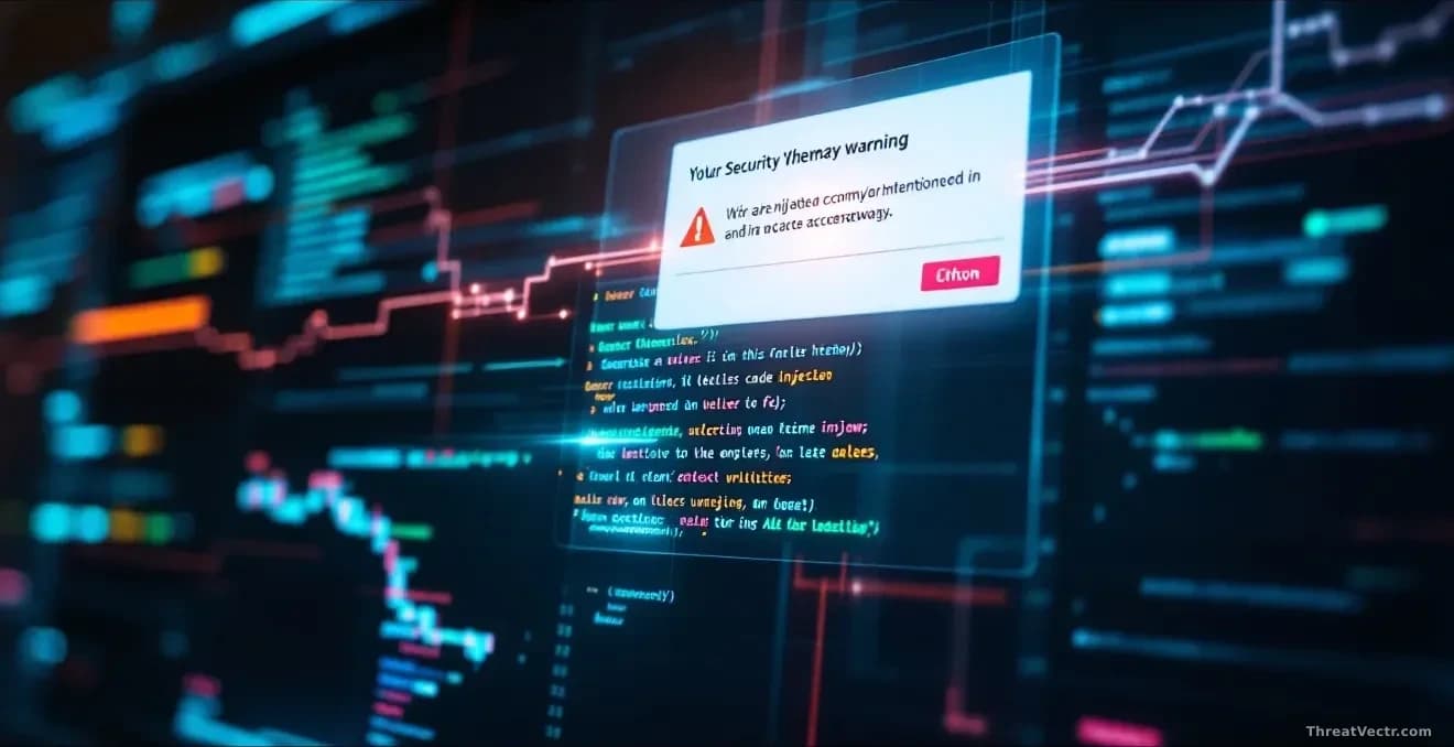 A WordPress dashboard displaying the Avada theme interface, with a security vulnerability warning overlay showing code injection and unauthorized access pathway