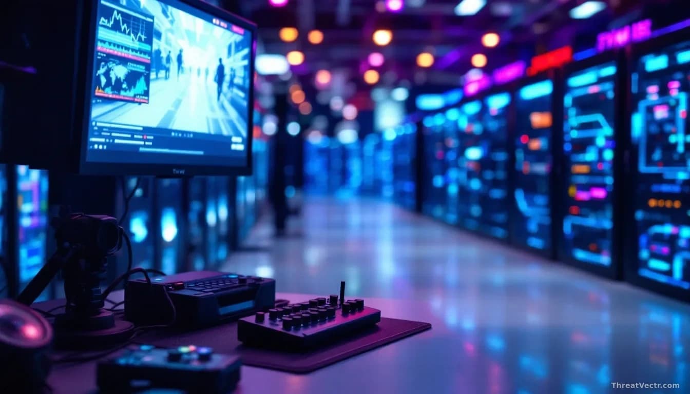 A Twitch livestream broadcast setup with a streamer's equipment visible, while server racks and AI training systems process video data in the blurred background