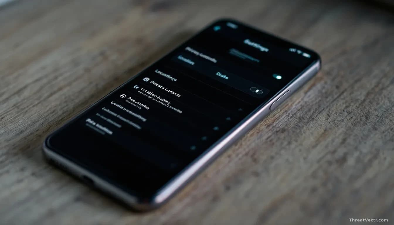 A smartphone resting on a desk with settings and privacy controls menu visibly open, showing toggles for location, tracking, and data permissions