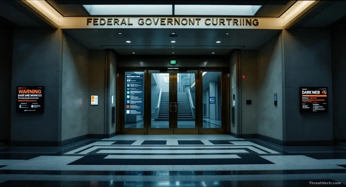 A federal government building's security entrance with warning notices about a cybersecurity breach, alongside dark web marketplace listings displayed on an inv