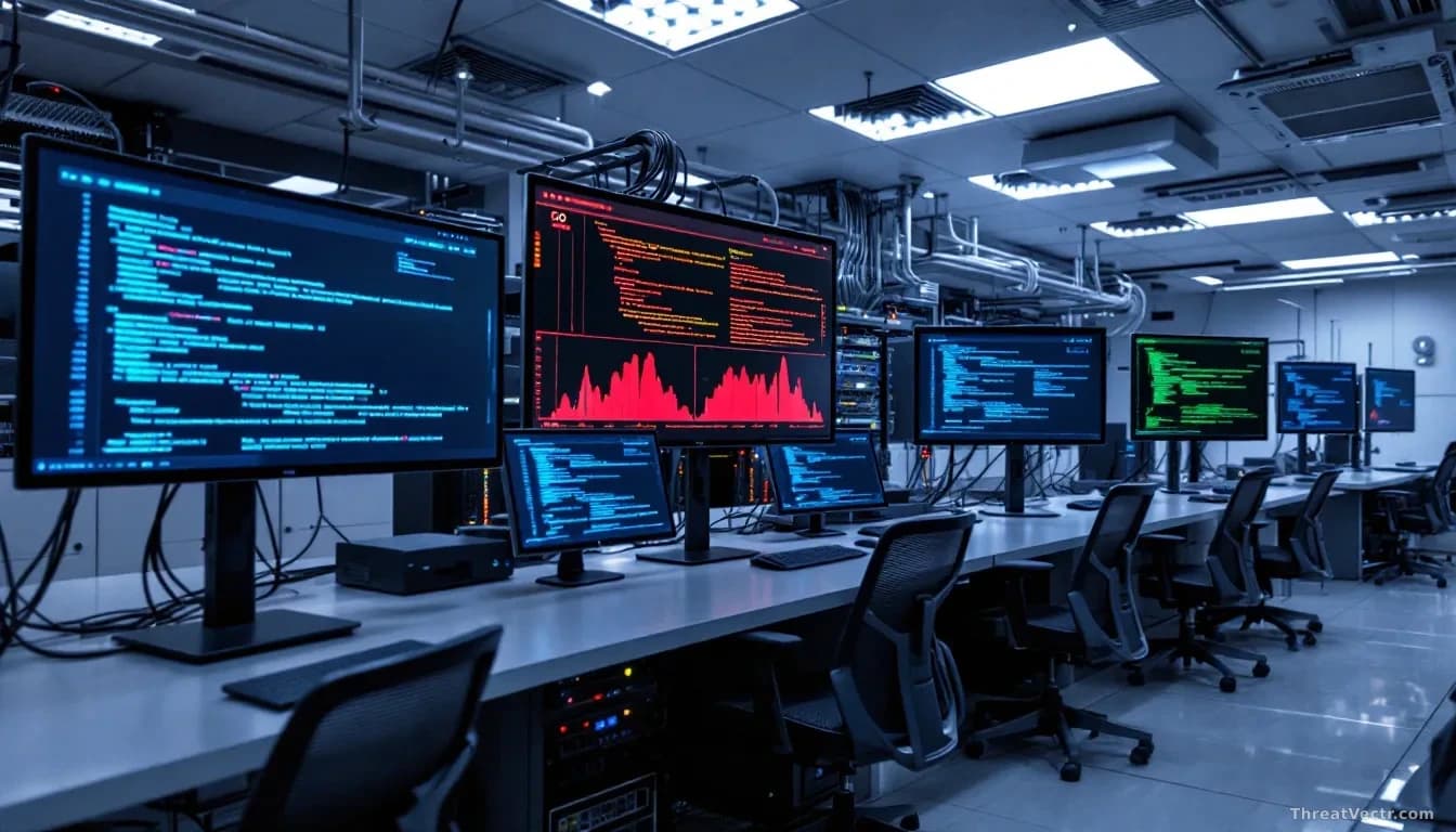 A Venezuelan telecommunications company's server room with network infrastructure and monitoring systems, with code snippets in the Go language visible on adjac