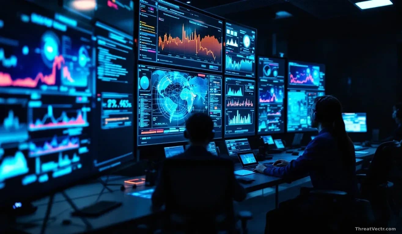 A security operations center with multiple screens displaying AI-powered threat detection systems, but with several data feeds appearing disconnected or starved