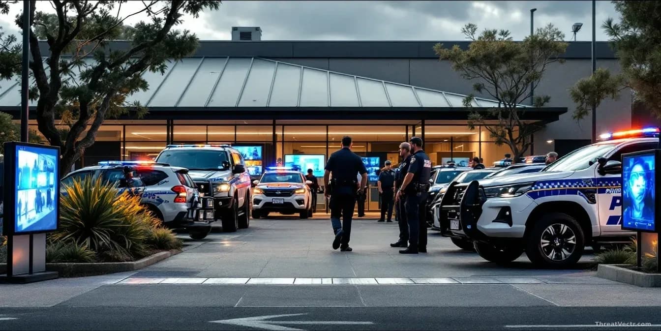 Police vehicles and law enforcement activity outside a technology-related facility in Western Australia, with digital security imagery on nearby screens