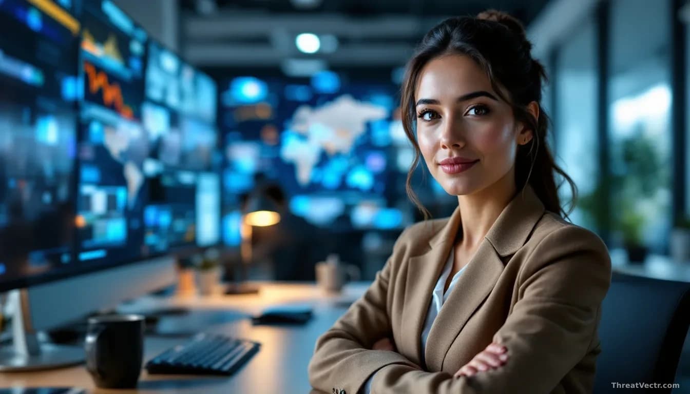 A professional portrait setting showing a modern corporate office environment with security infrastructure visible—monitors, access control systems, and communi