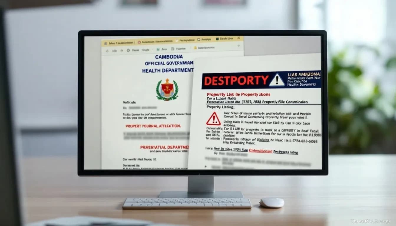 A computer screen displaying official-looking Cambodian government and health department documents mixed with property listings, all containing malicious file a