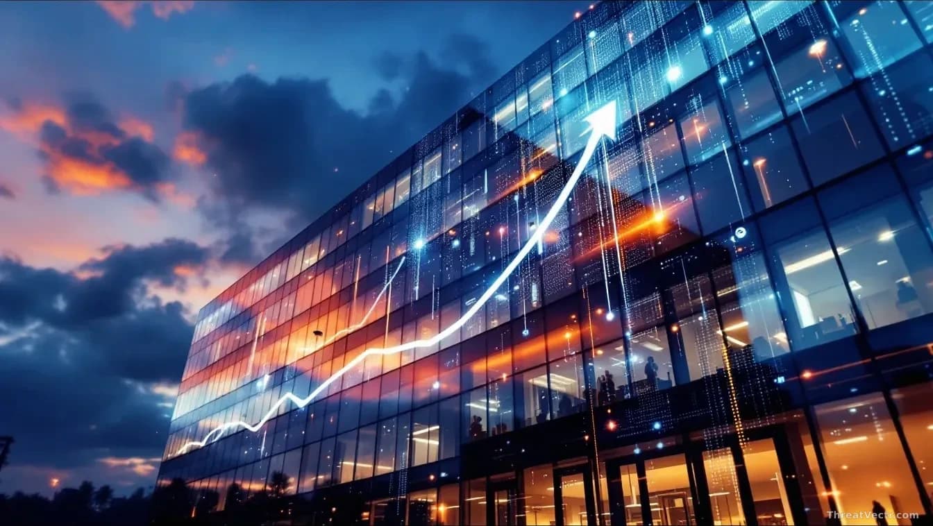 A corporate office building exterior at dusk with security cameras and access points visible, reflecting confidence and growth, with abstract data streams flowi