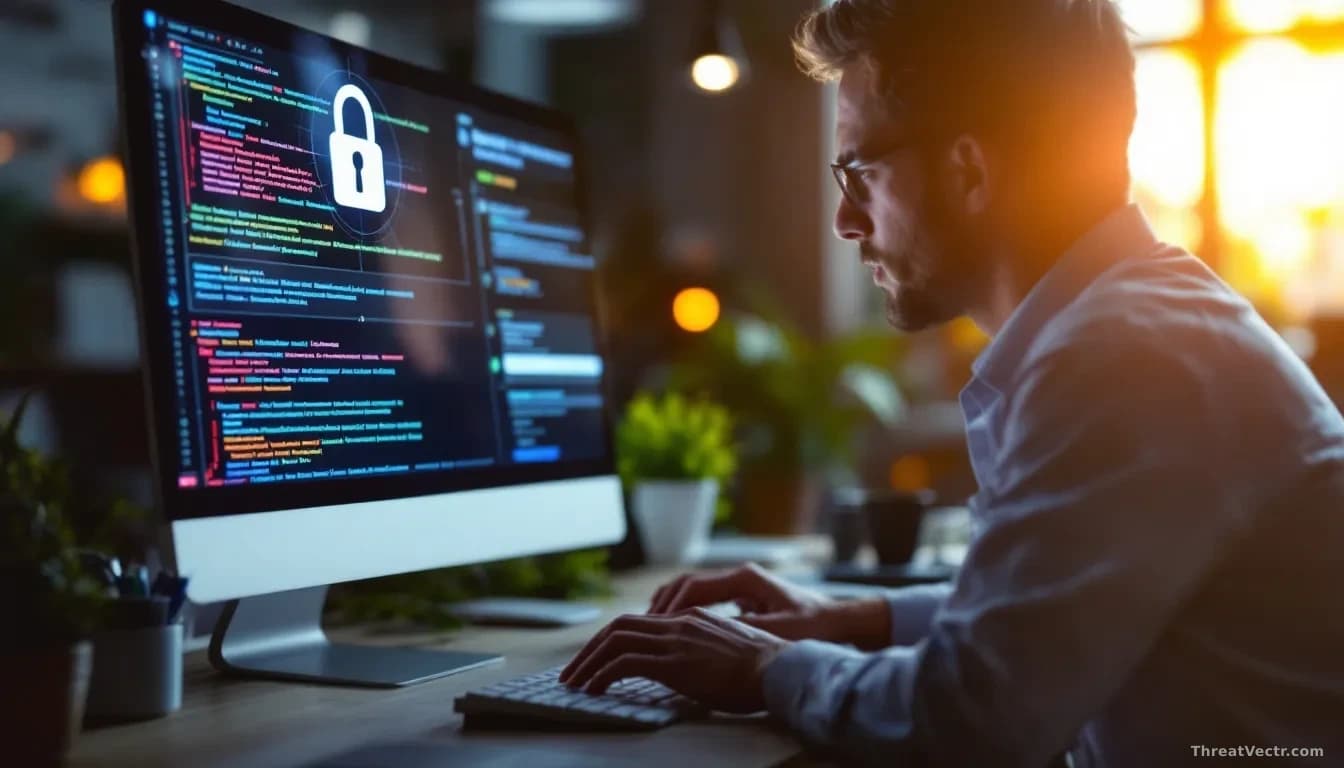 An office worker at a desk, face obscured, staring at a computer screen showing security alerts and suspicious login notifications during business hours