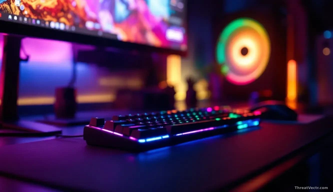 A gaming desktop computer with RGB lighting peripherals casting colored light across the keyboard and mouse, with the system appearing to shut down or restart i