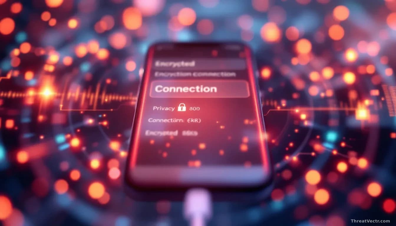 Close-up of a smartphone screen displaying encrypted connection indicators and privacy settings, with a padlock symbol glowing, surrounded by fading network sig