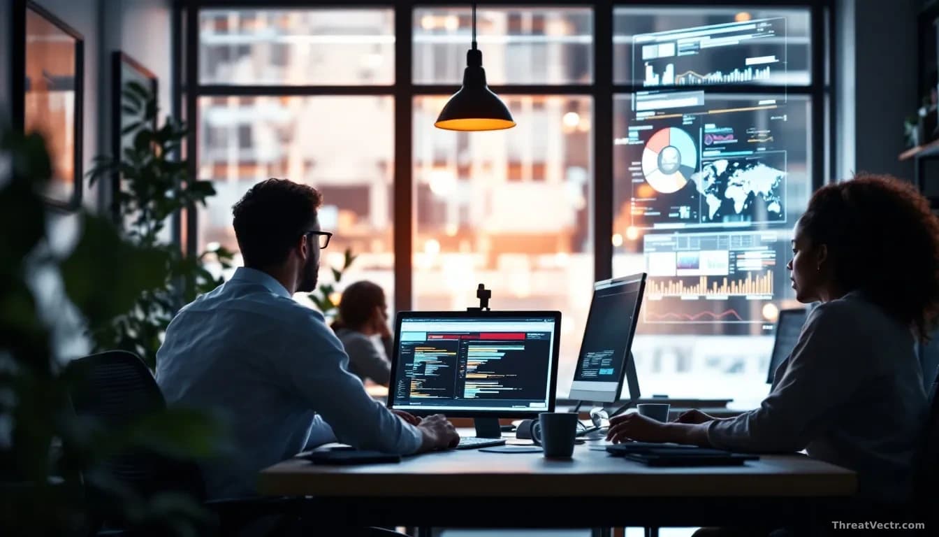 A small business office with security analysts reviewing threat research reports and monitoring dashboards together, showing collaborative threat detection in a