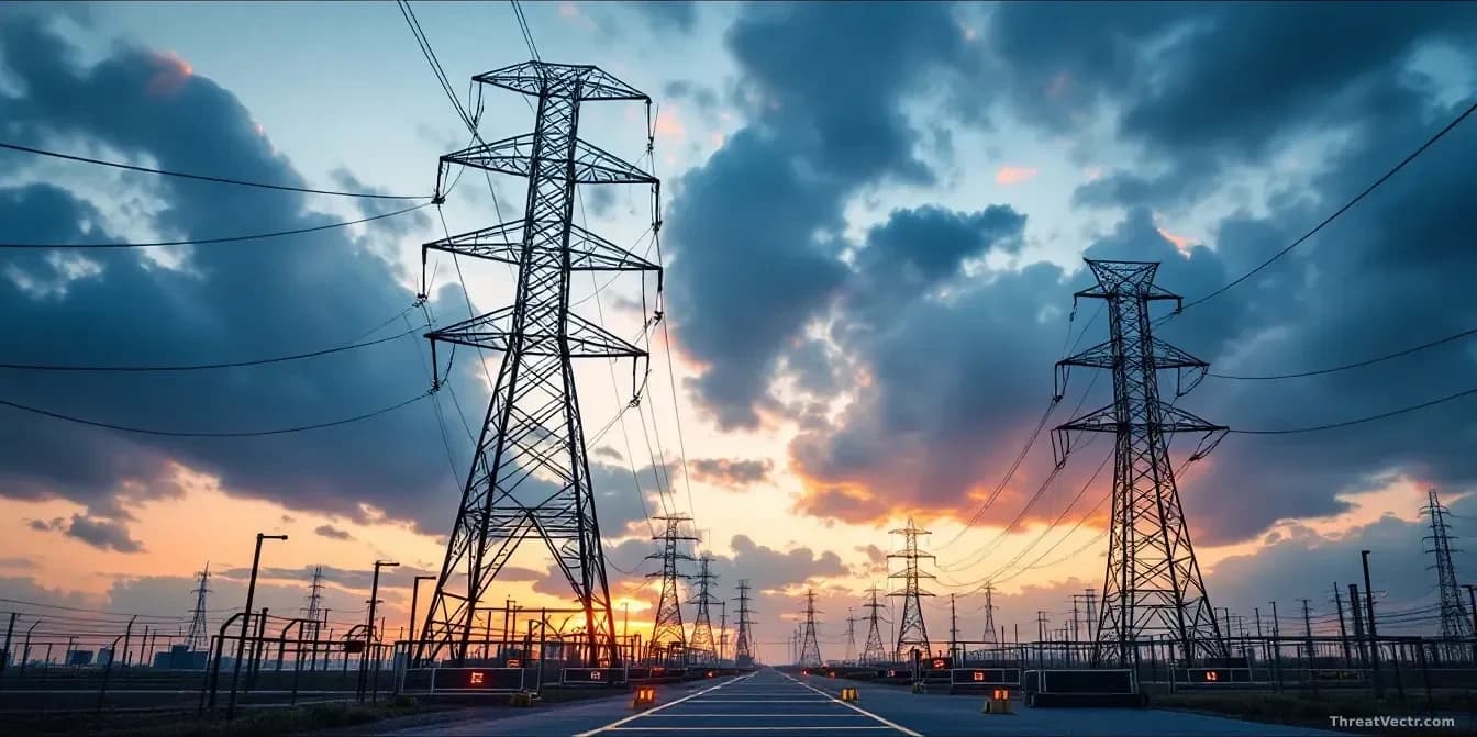 A high-voltage electrical transmission tower and power grid infrastructure photographed against a dramatic sky, with digital security barriers and blocked forei