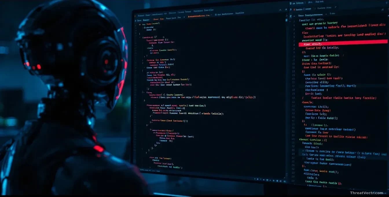 A developer's code editor displaying a project file with hidden malicious instructions embedded within comments, while an AI coding assistant interface shows da