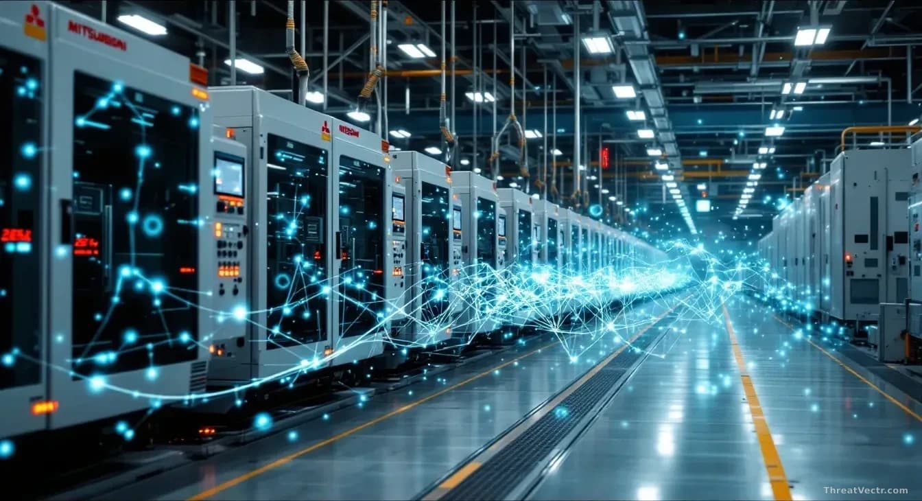 A factory floor with multiple Mitsubishi automation machines frozen mid-operation, with a malformed network packet visualization traveling across the machinery,