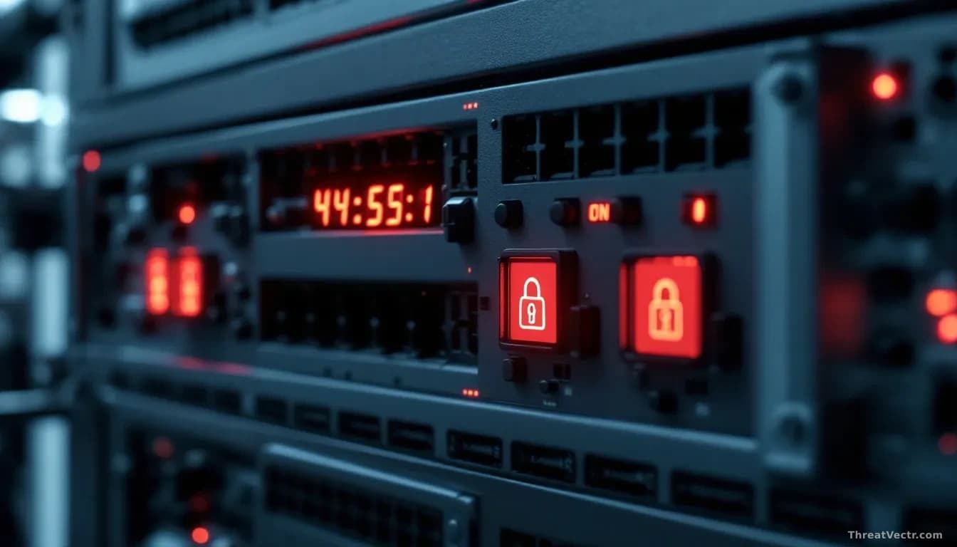 Industrial network gateways with Chinese manufacturer markings, surrounded by red warning symbols and lock icons showing vulnerabilities with no available patch