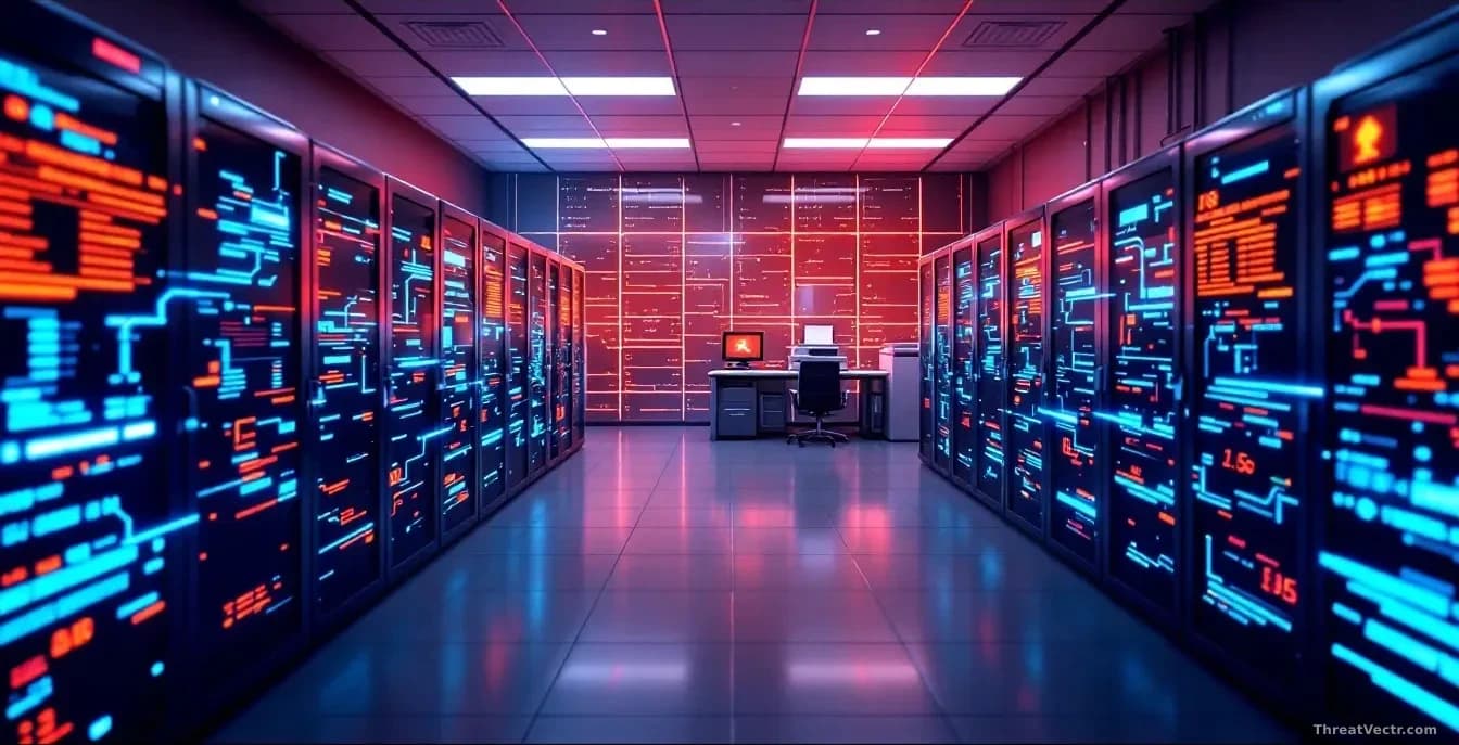 A print server room with multiple networked printers and management hardware actively being accessed by unauthorized connections, shown through network packet v