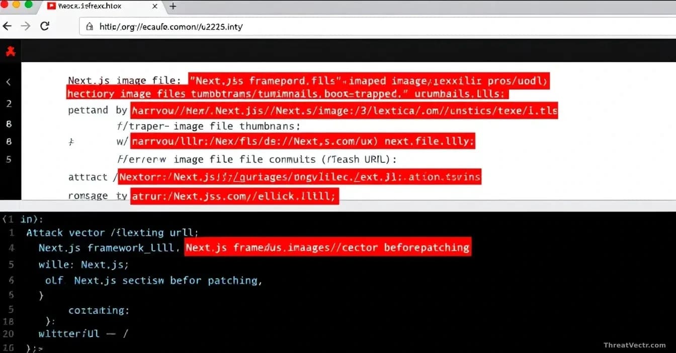 A web server error page with booby-trapped image file thumbnails and malicious URL bars highlighted in red against lines of Next