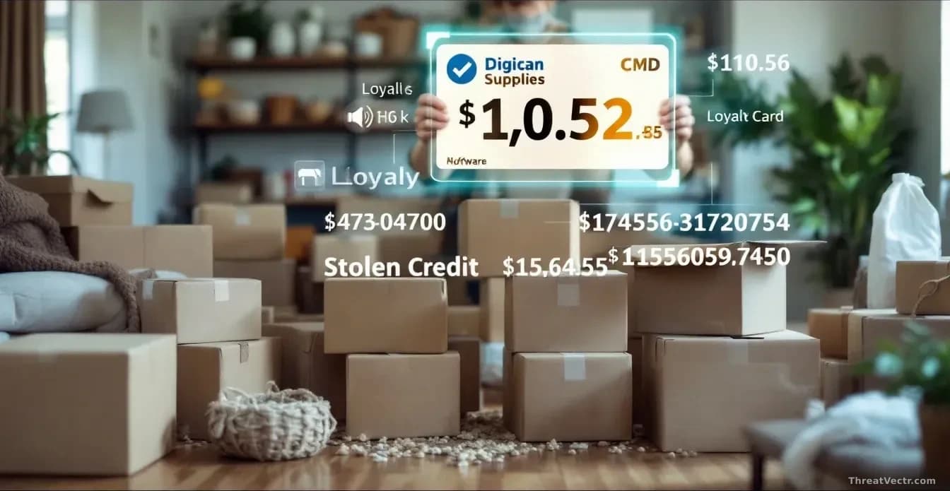 A home delivery scene with stacked boxes and hardware supplies piled up, alongside a digital loyalty card and stolen credit card numbers displayed as translucen