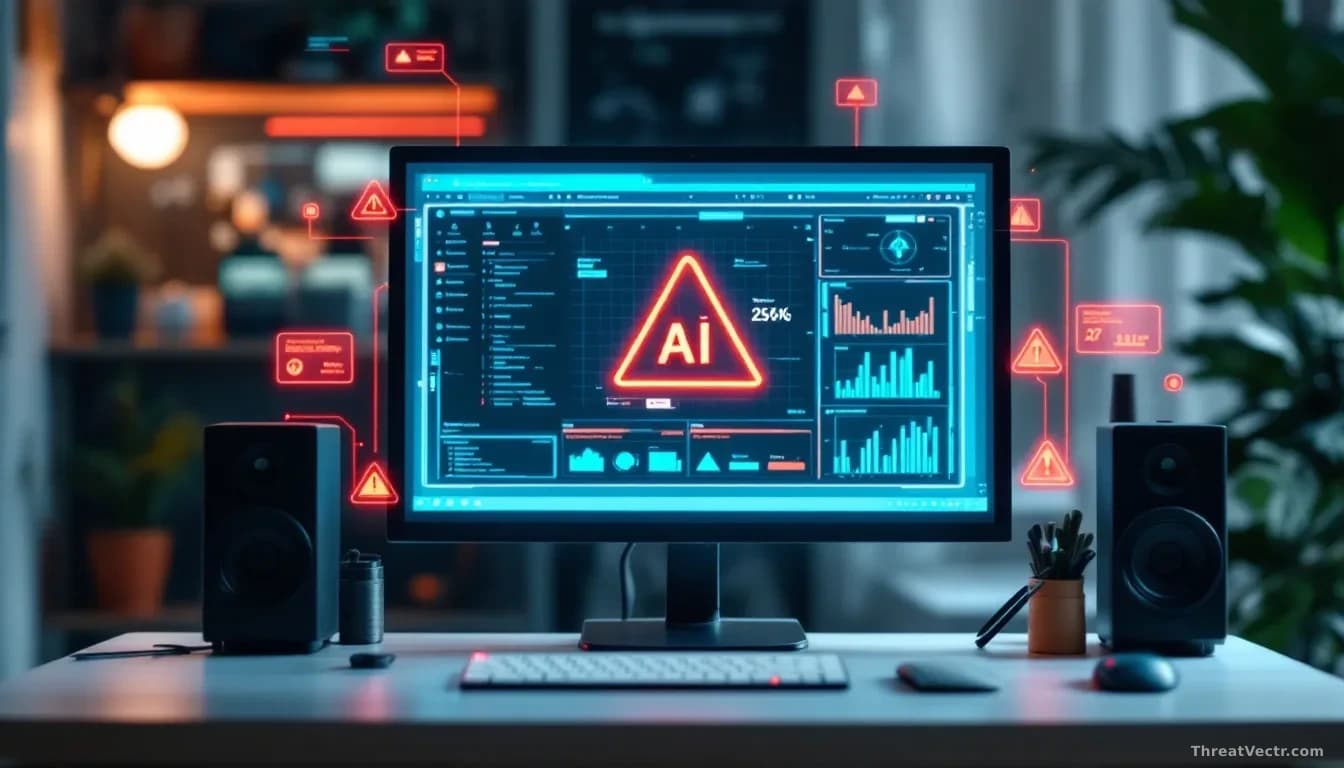 A computer workstation with AI software interface visible on screen, surrounded by warning symbols and red alert indicators representing the misuse of deepfake