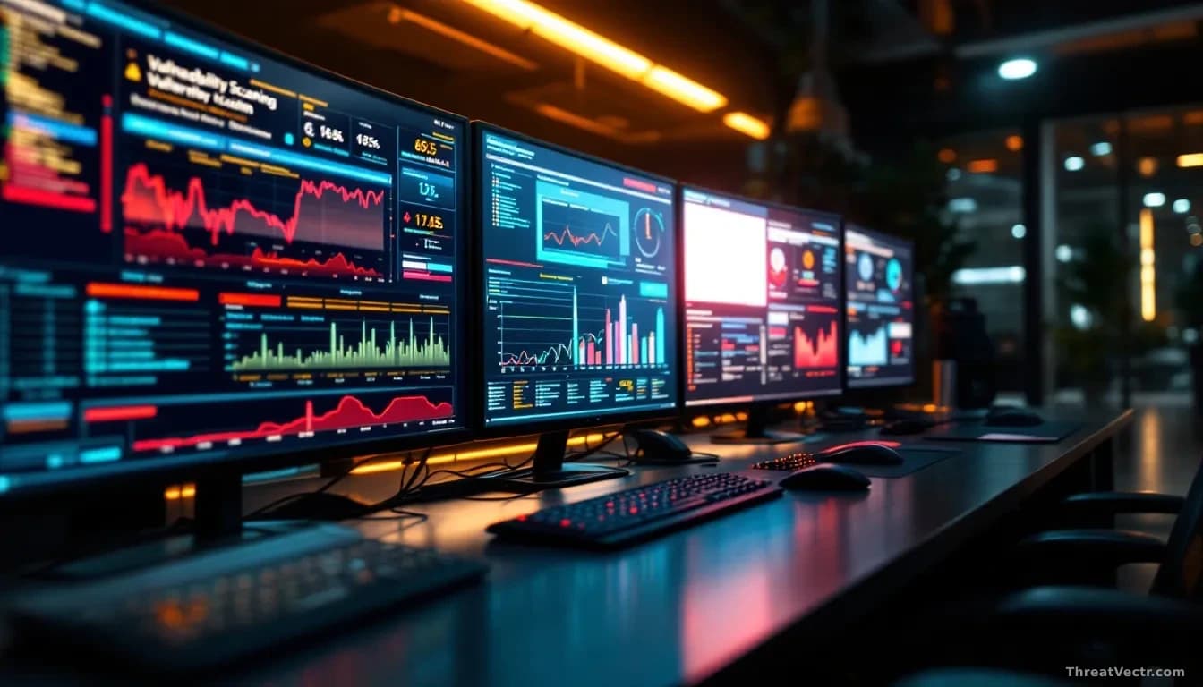 A security operations center with multiple monitors displaying continuous vulnerability scanning dashboards, showing real-time threat detection in progress rath