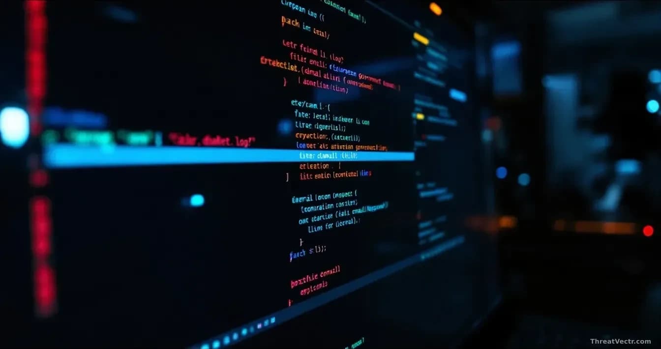 A command-line terminal window displaying batch script code with Cyrillic character hints and European government email domains visible in logs, set against a d