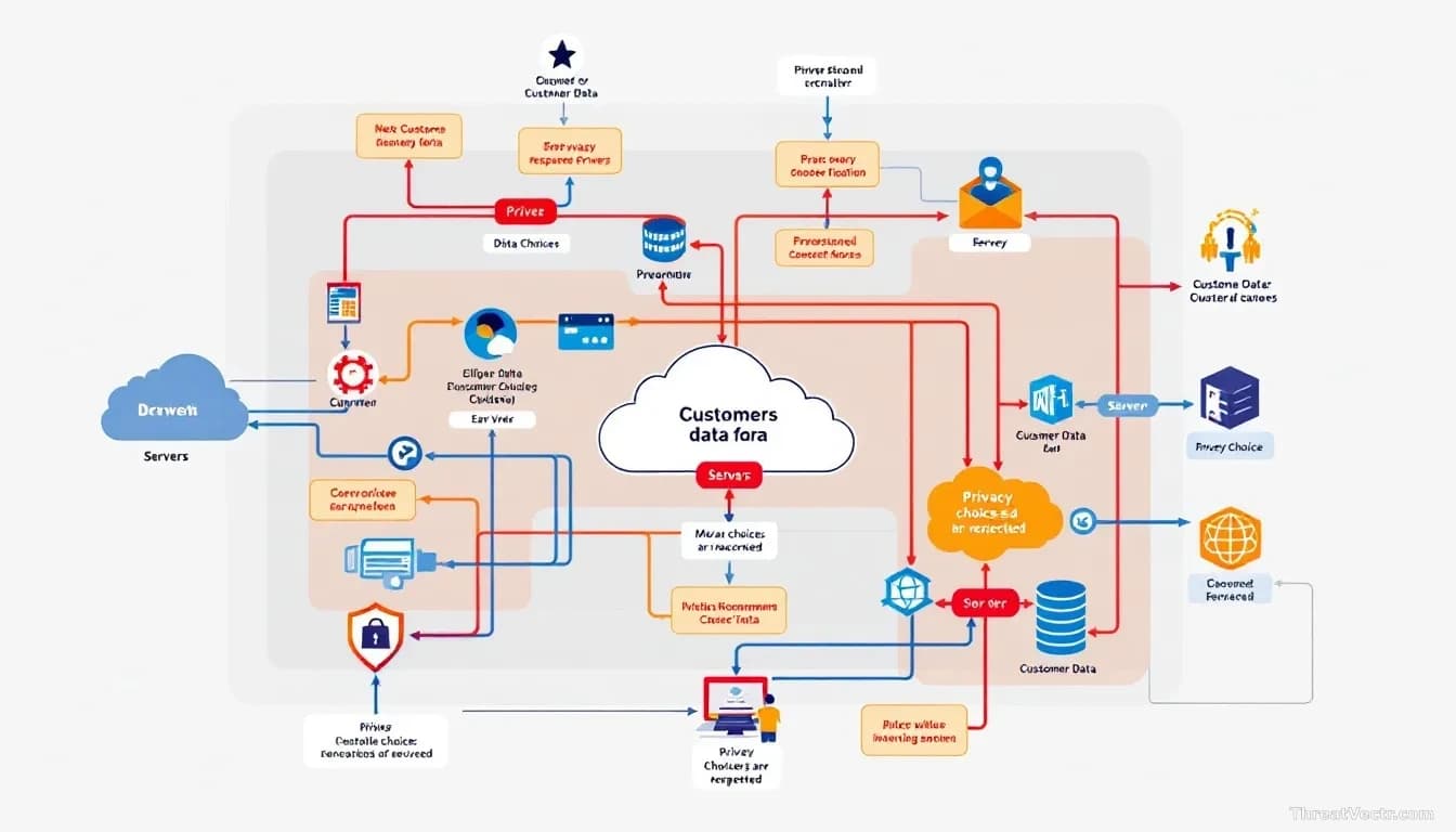 An intricate data flow diagram showing customer data traveling through multiple interconnected systems and servers, with some pathways highlighted to show where