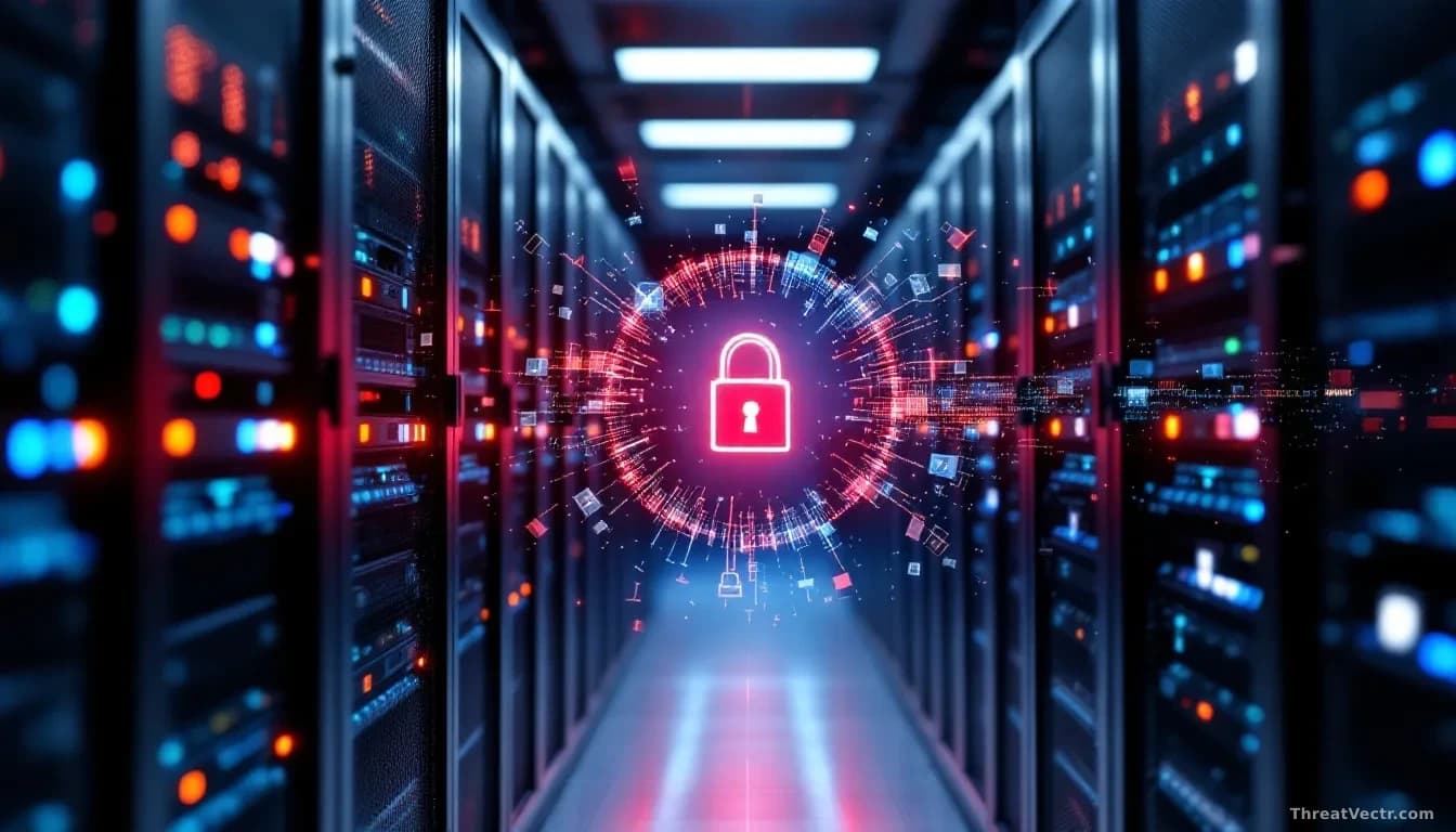A server rack with one machine highlighted in red among dozens of others, with a digital lock symbol fracturing across its surface to show vulnerability spreadi
