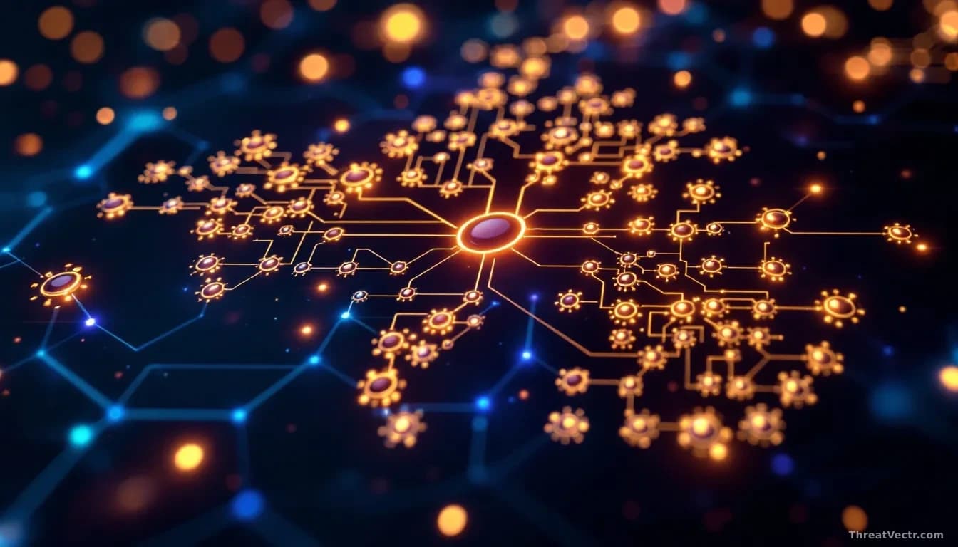A genealogical tree diagram made of interconnected glowing nodes and branching pathways, representing the lineage and dependencies of AI model origins traced ac