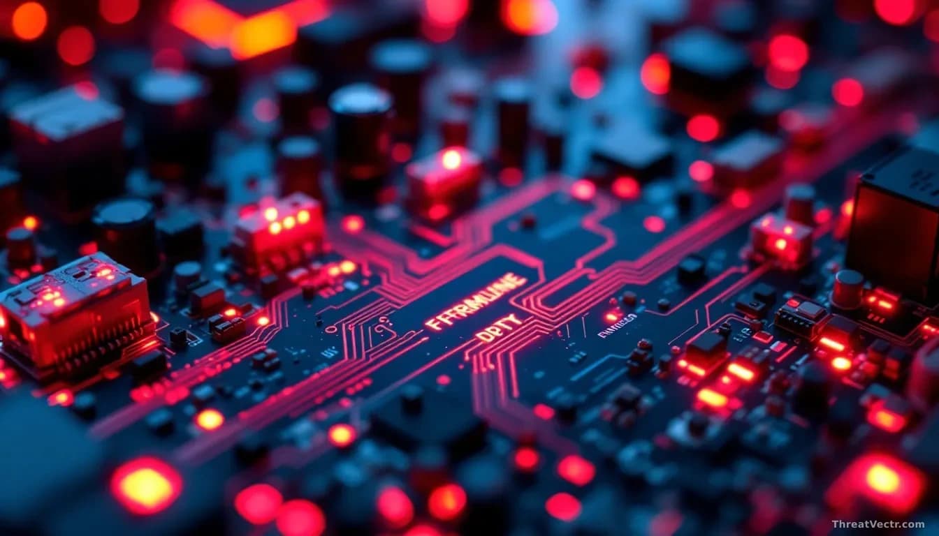 Close-up of a circuit board with glowing red indicator lights and exposed firmware pathways, highlighting vulnerability points where unauthorized code could ent