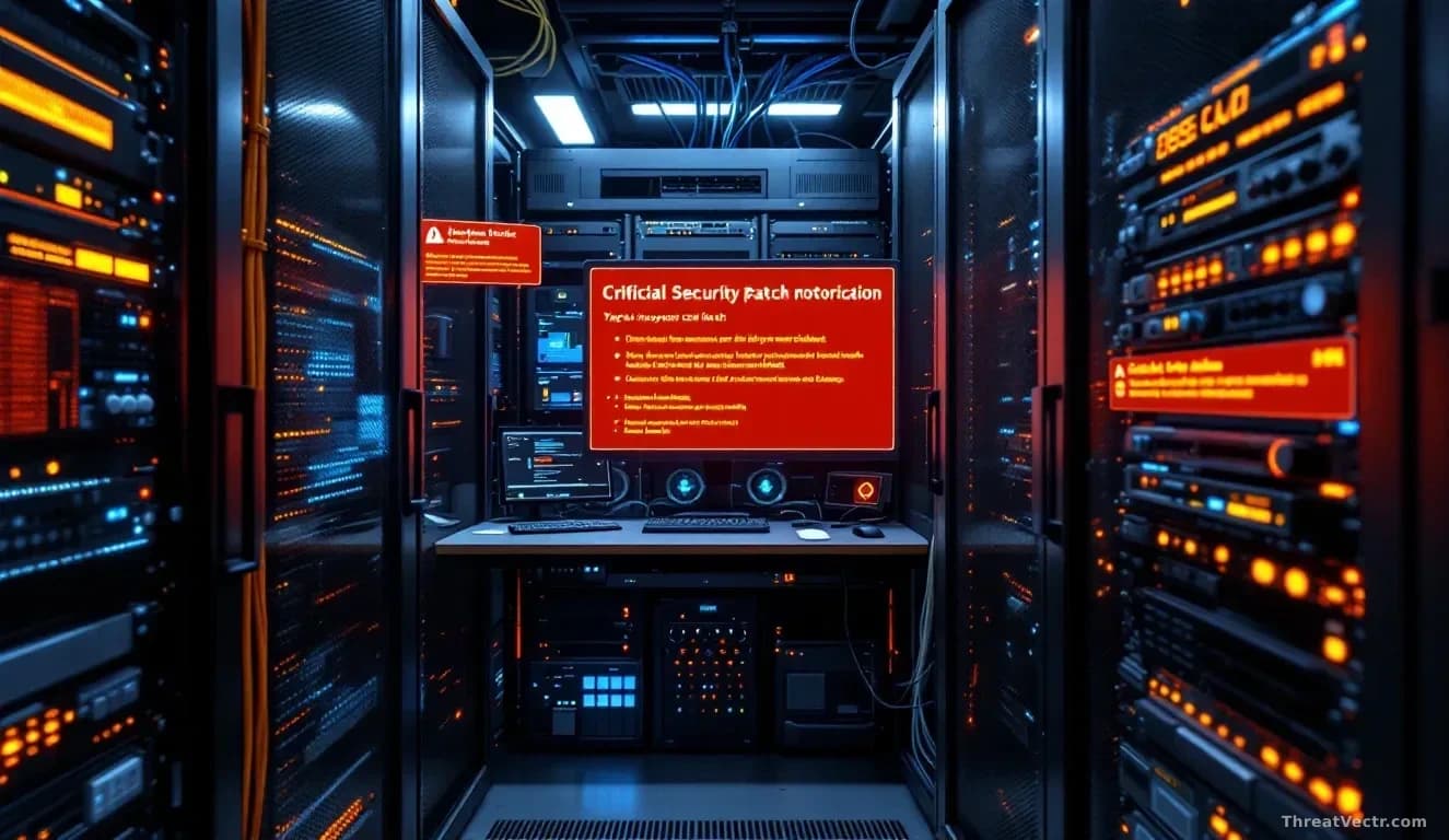 A server room or data center environment with networking equipment and cables, displaying multiple critical security patch notifications and system alerts on ma